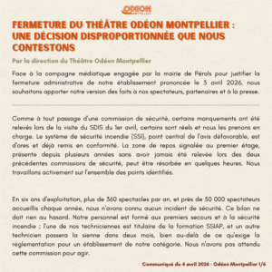 Fermeture du Théâtre Odéon Montpellier : une décision disproportionnée que nous contestons