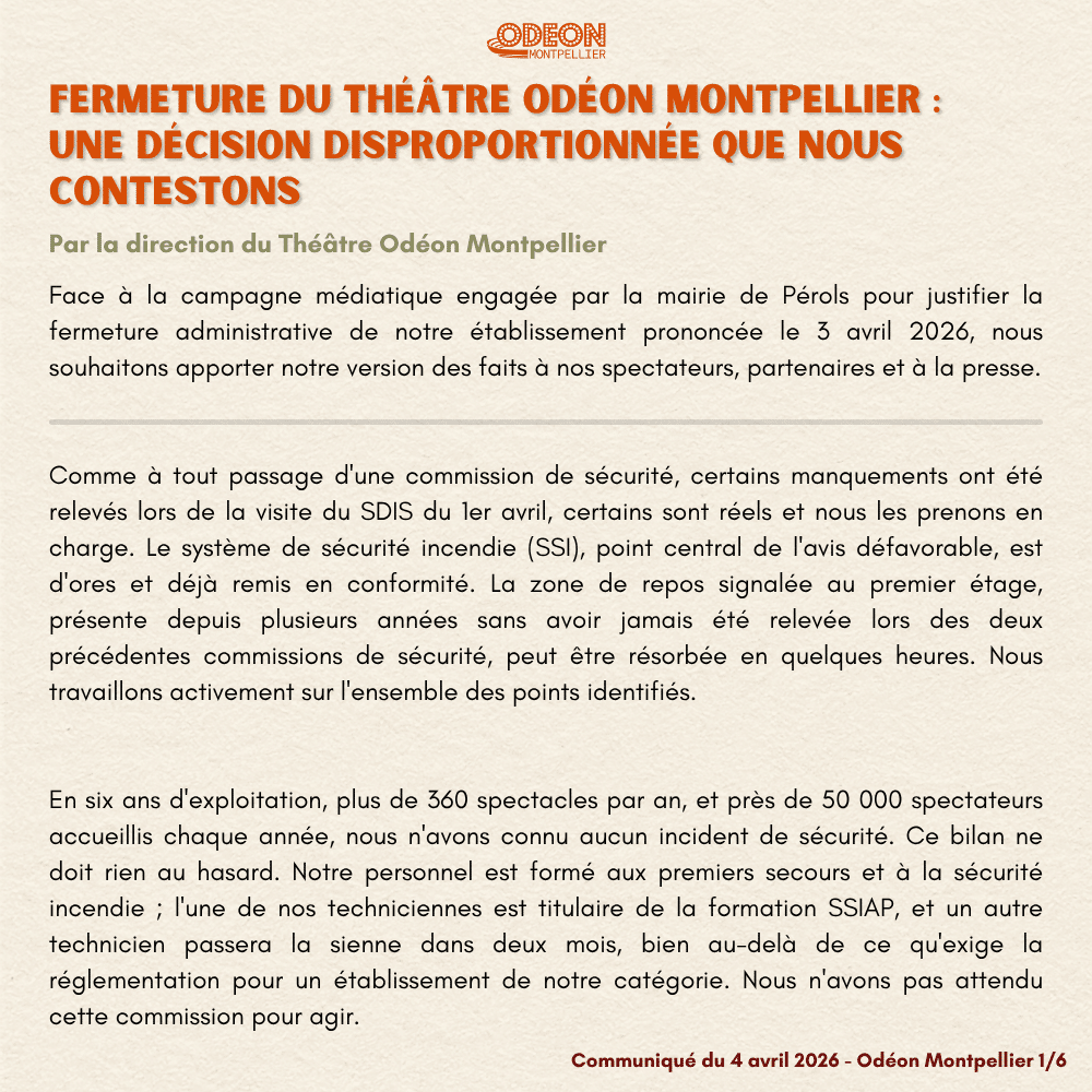 Fermeture du Théâtre Odéon Montpellier : une décision disproportionnée que nous contestons